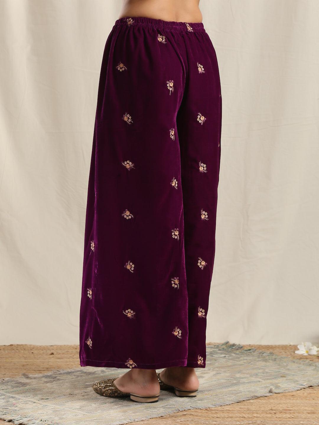 trueBrowns Wine Velvet Embroidered Palazzo | Swadesiicart