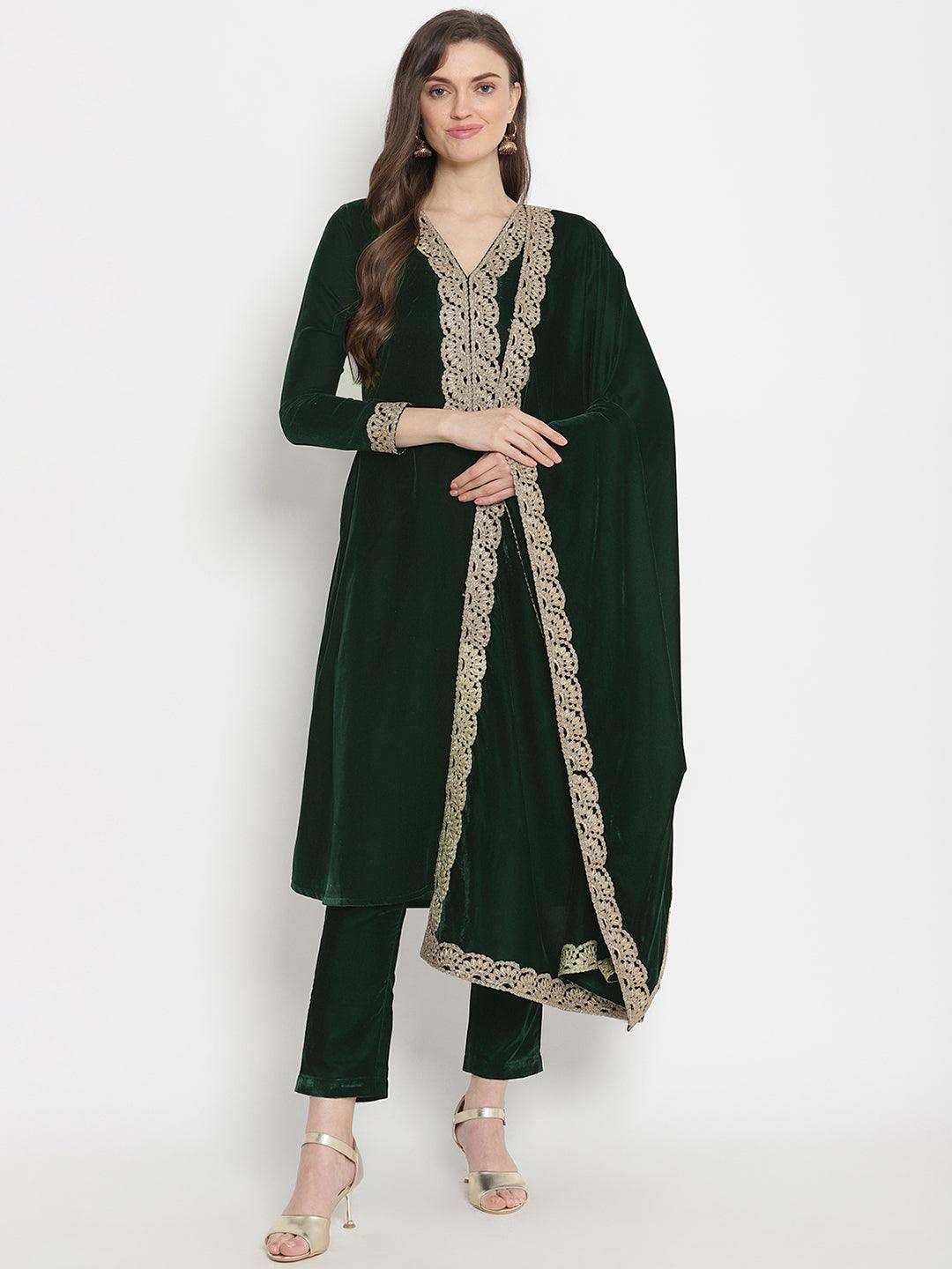 trueBrowns Green Velvet Shawl | Swadesiicart