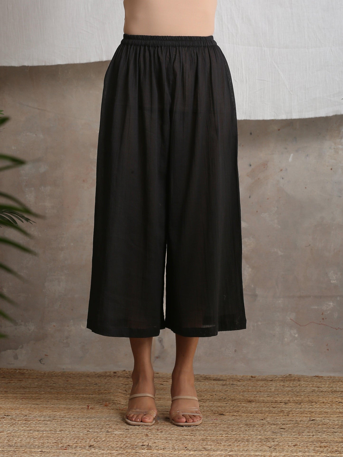 trueBrowns Crinkle Palazzo - Black | Swadesiicart