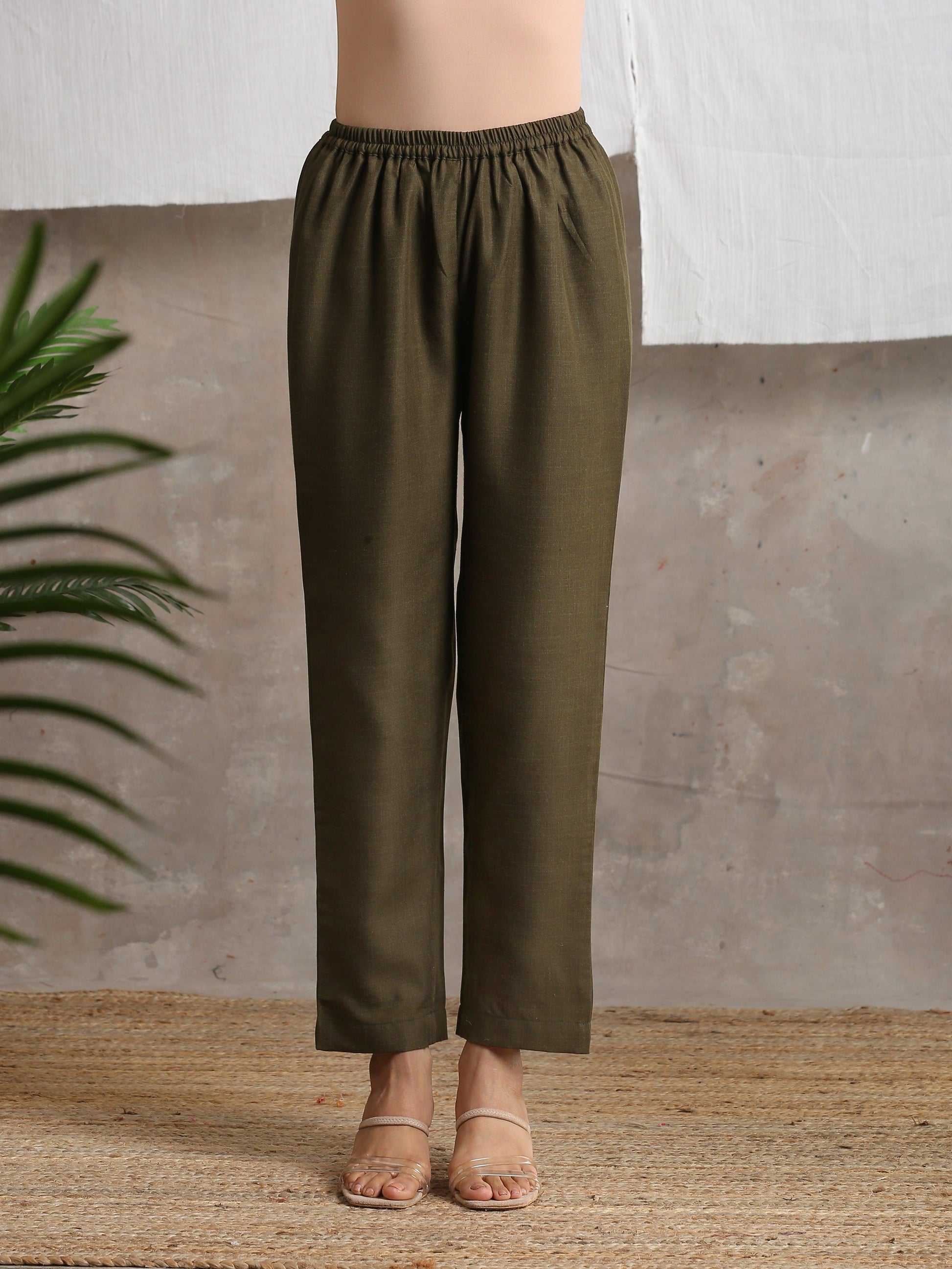 trueBrowns Cotton Linen Dark Green Pant | Swadesiicart