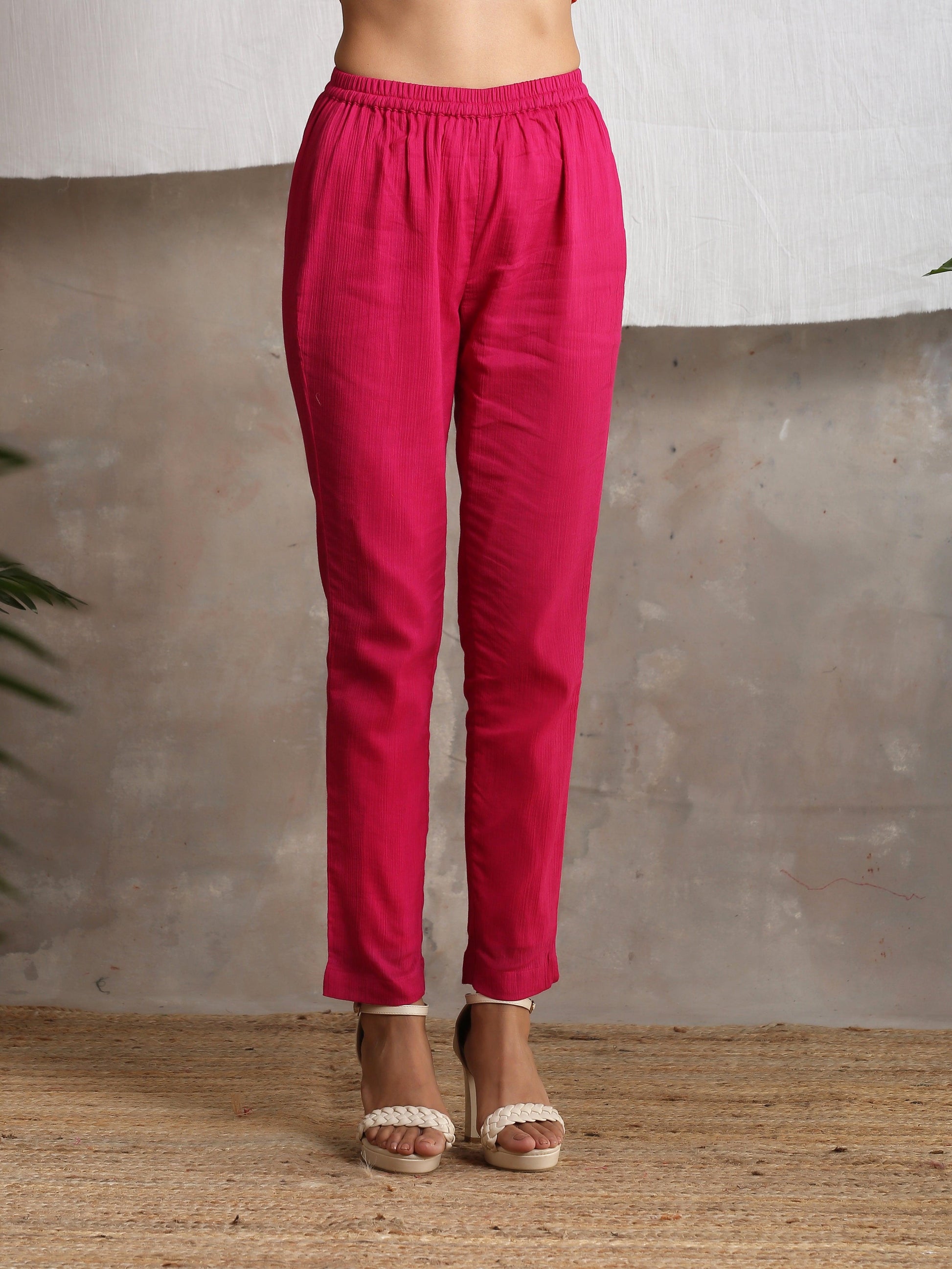 trueBrowns Pink Crinkled Pant | Swadesiicart