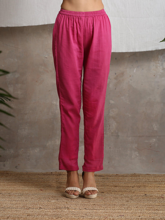 trueBrowns Magenta Pink Crinkled Pant | Swadesiicart