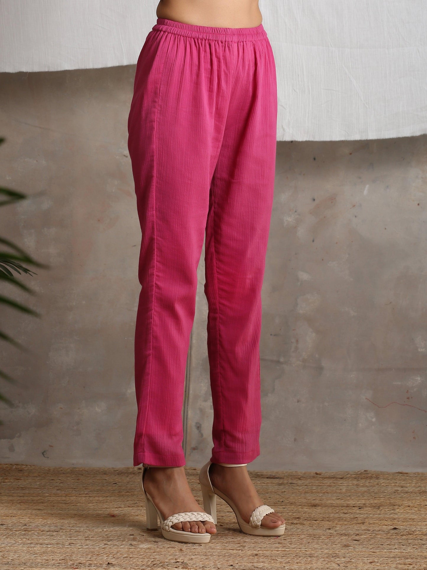 trueBrowns Magenta Pink Crinkled Pant | Swadesiicart