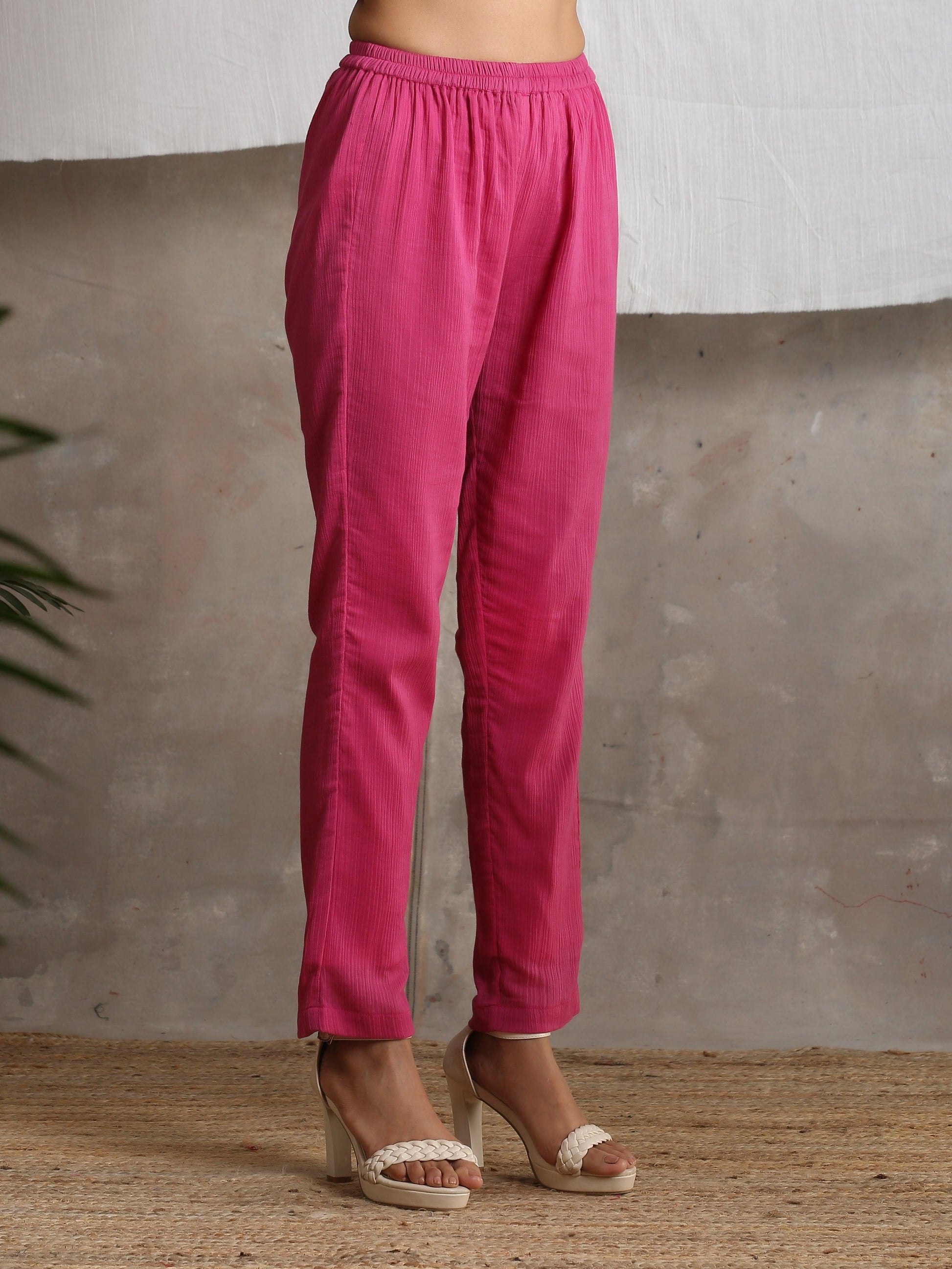 trueBrowns Magenta Pink Crinkled Pant | Swadesiicart