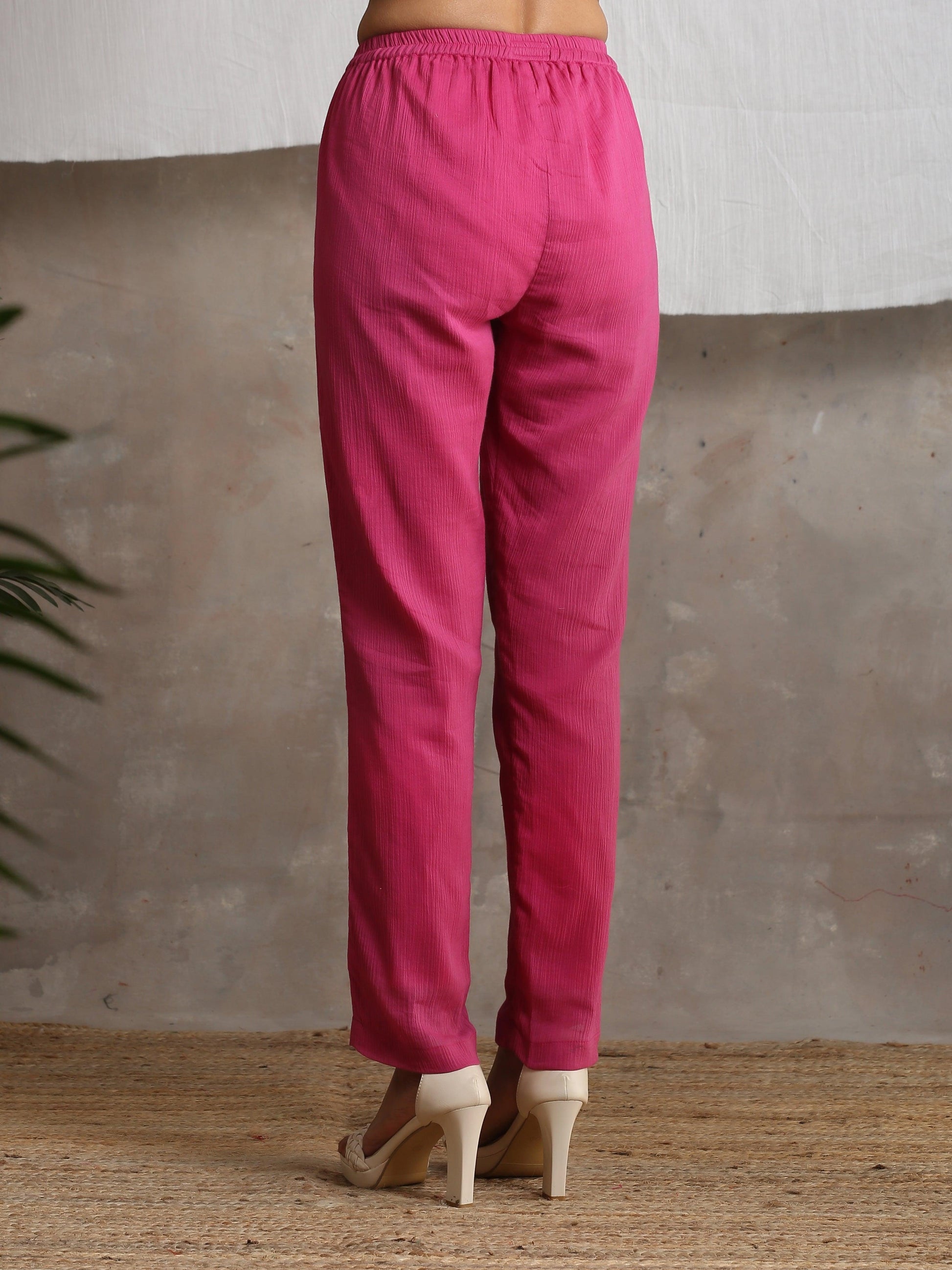 trueBrowns Magenta Pink Crinkled Pant | Swadesiicart