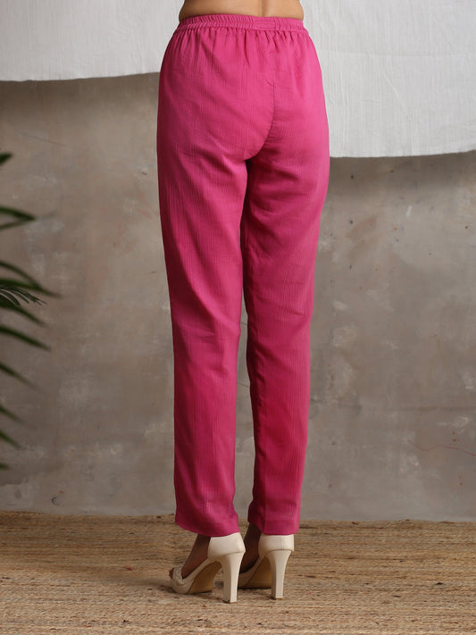 trueBrowns Magenta Pink Crinkled Pant | Swadesiicart
