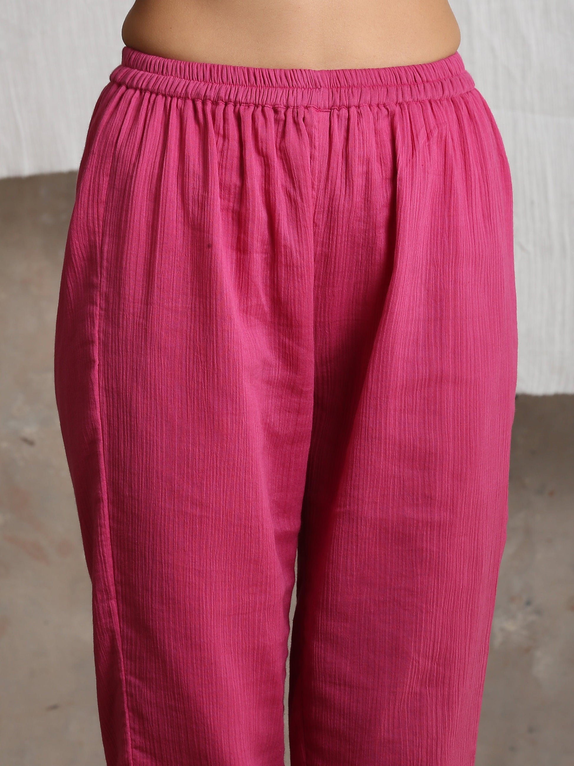 trueBrowns Magenta Pink Crinkled Pant | Swadesiicart