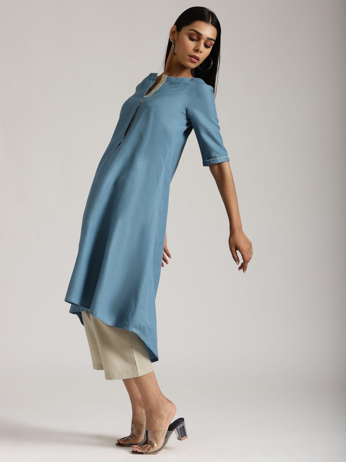 trueBrowns Cotton Linen Steel Blue Kurta Pant Set | Swadesiicart
