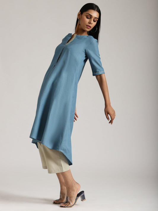 trueBrowns Cotton Linen Steel Blue Kurta Pant Set | Swadesiicart