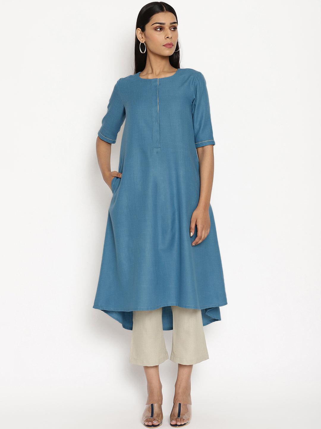 trueBrowns Cotton Linen Steel Blue Kurta Pant Set | Swadesiicart