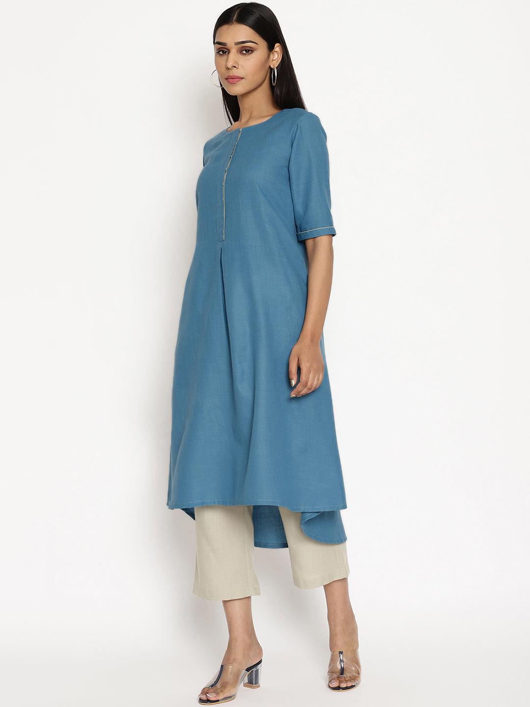 trueBrowns Cotton Linen Steel Blue Kurta Pant Set | Swadesiicart