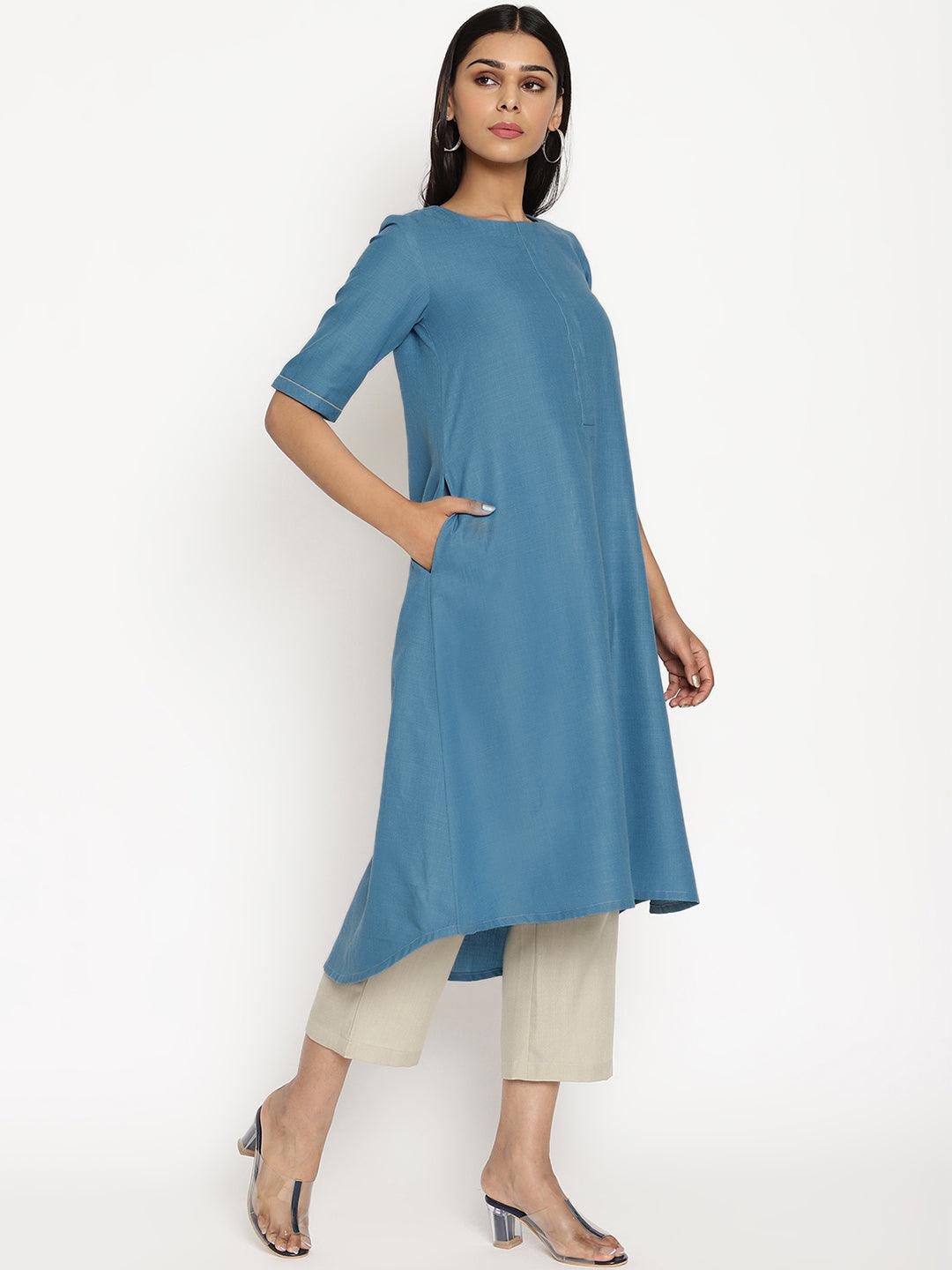 trueBrowns Cotton Linen Steel Blue Kurta Pant Set | Swadesiicart