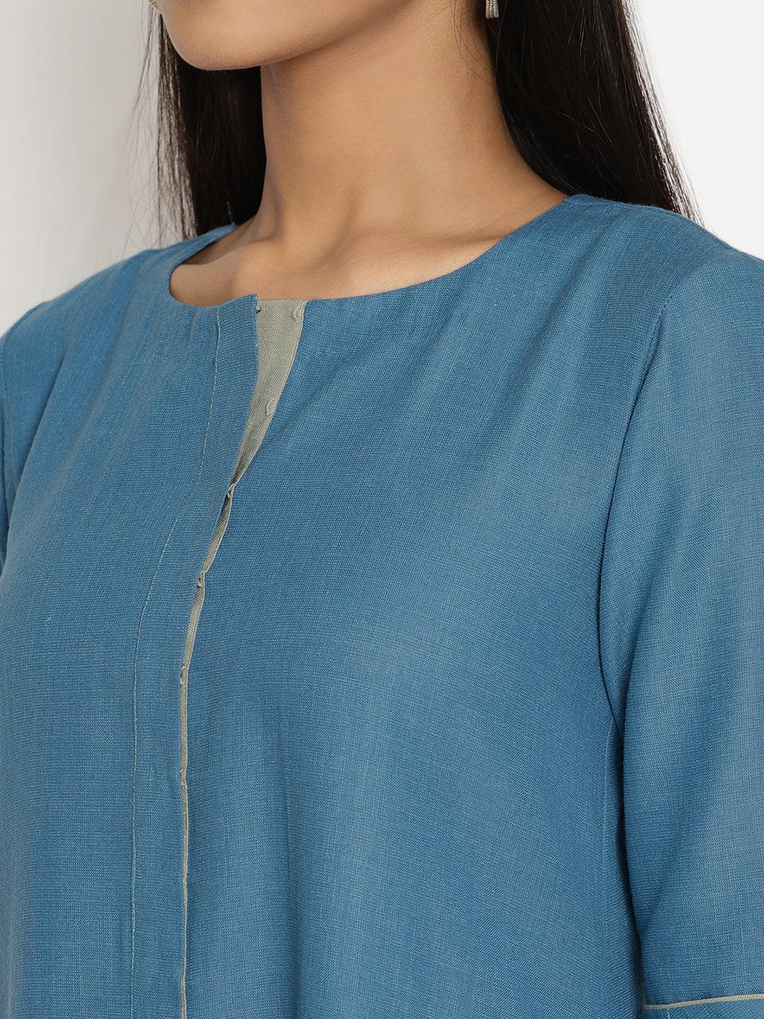 trueBrowns Cotton Linen Steel Blue Kurta Pant Set | Swadesiicart
