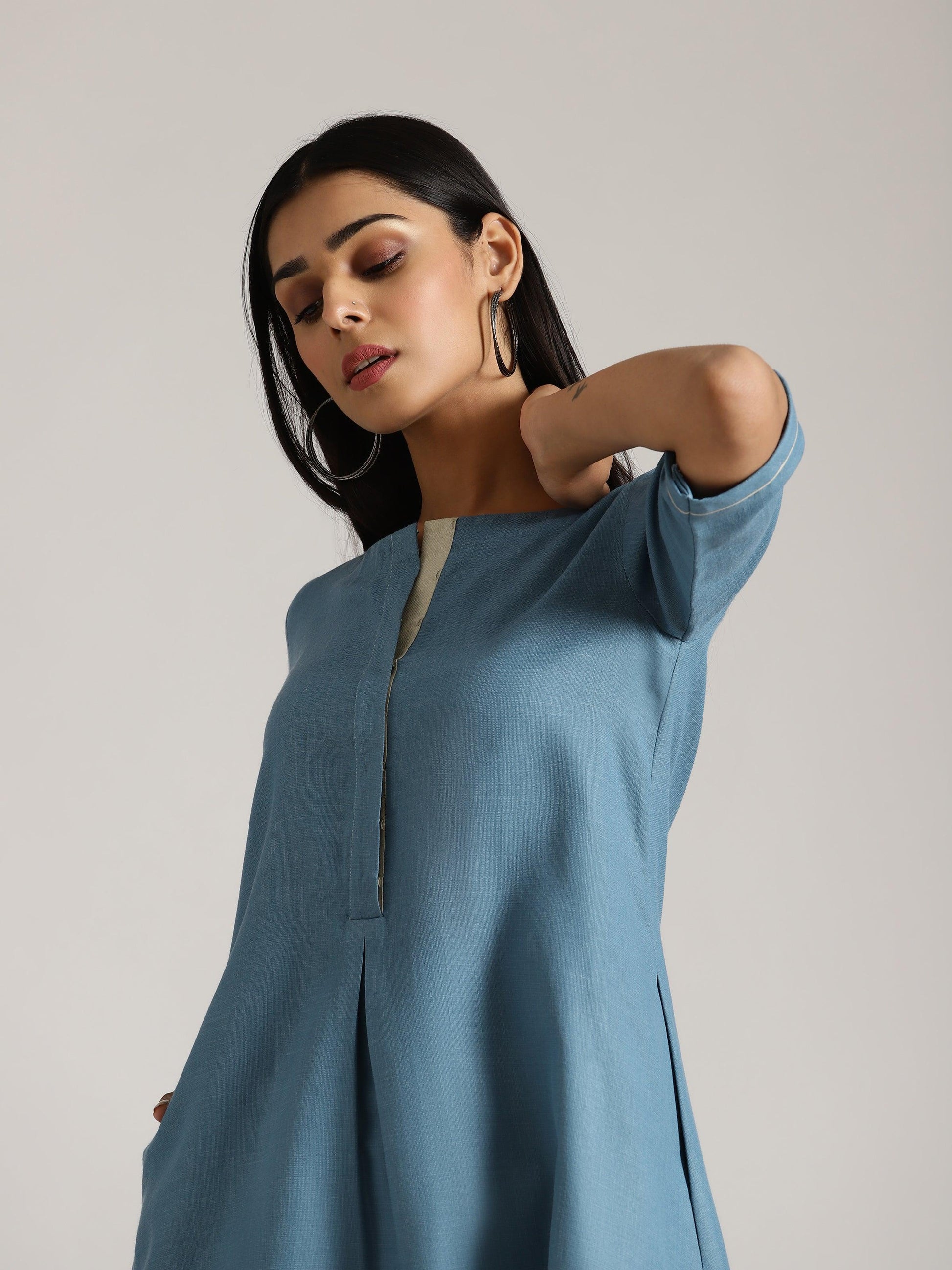 trueBrowns Cotton Linen Steel Blue Kurta Pant Set | Swadesiicart