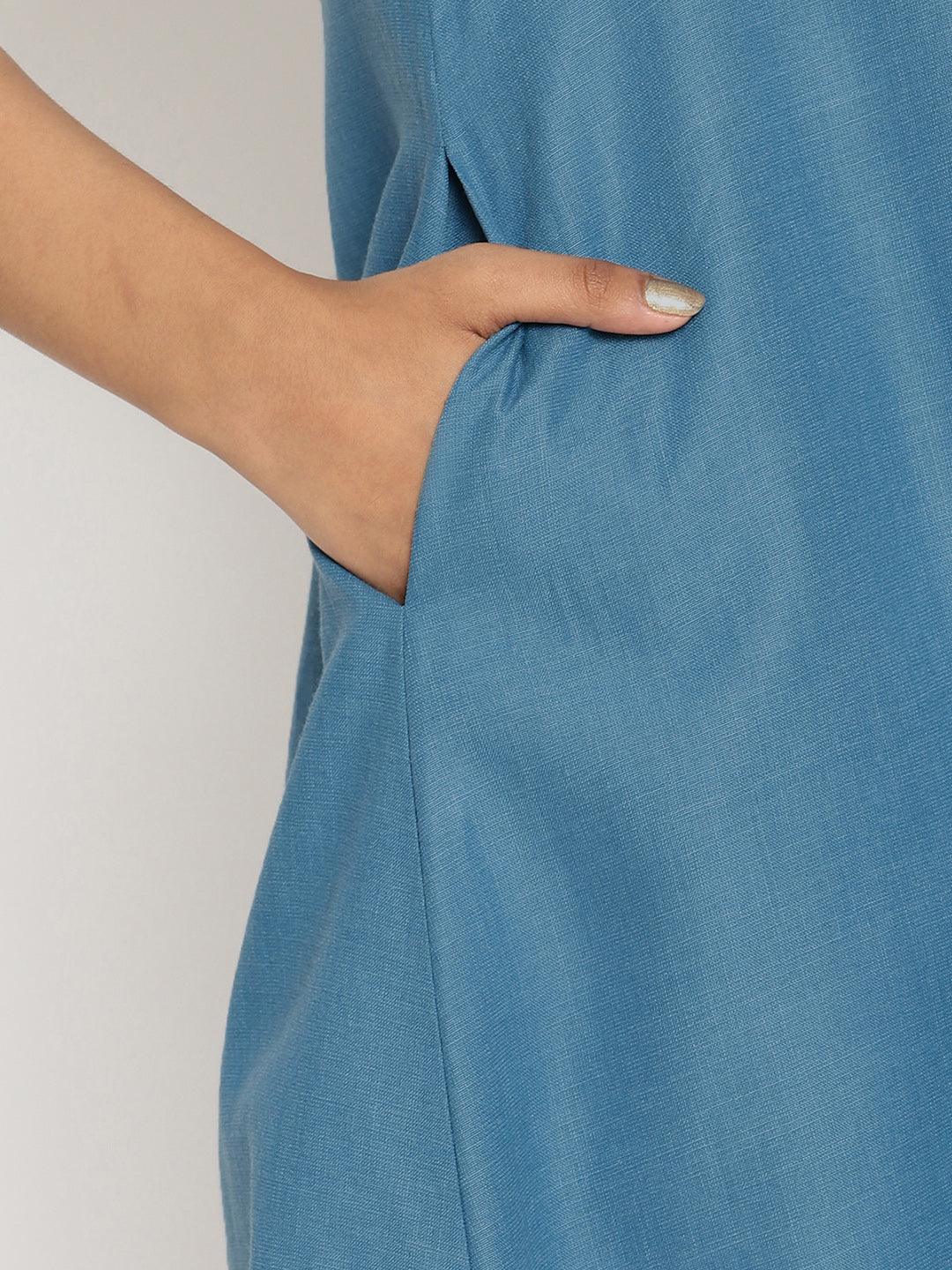 trueBrowns Cotton Linen Steel Blue Kurta Pant Set | Swadesiicart