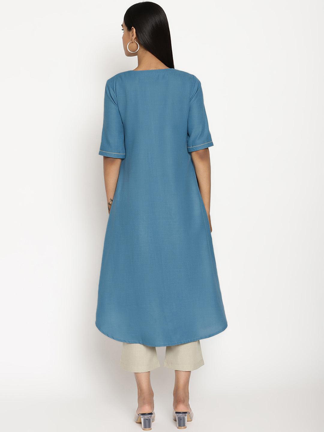 trueBrowns Cotton Linen Steel Blue Kurta Pant Set | Swadesiicart