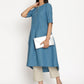 trueBrowns Cotton Linen Steel Blue Kurta Pant Set | Swadesiicart