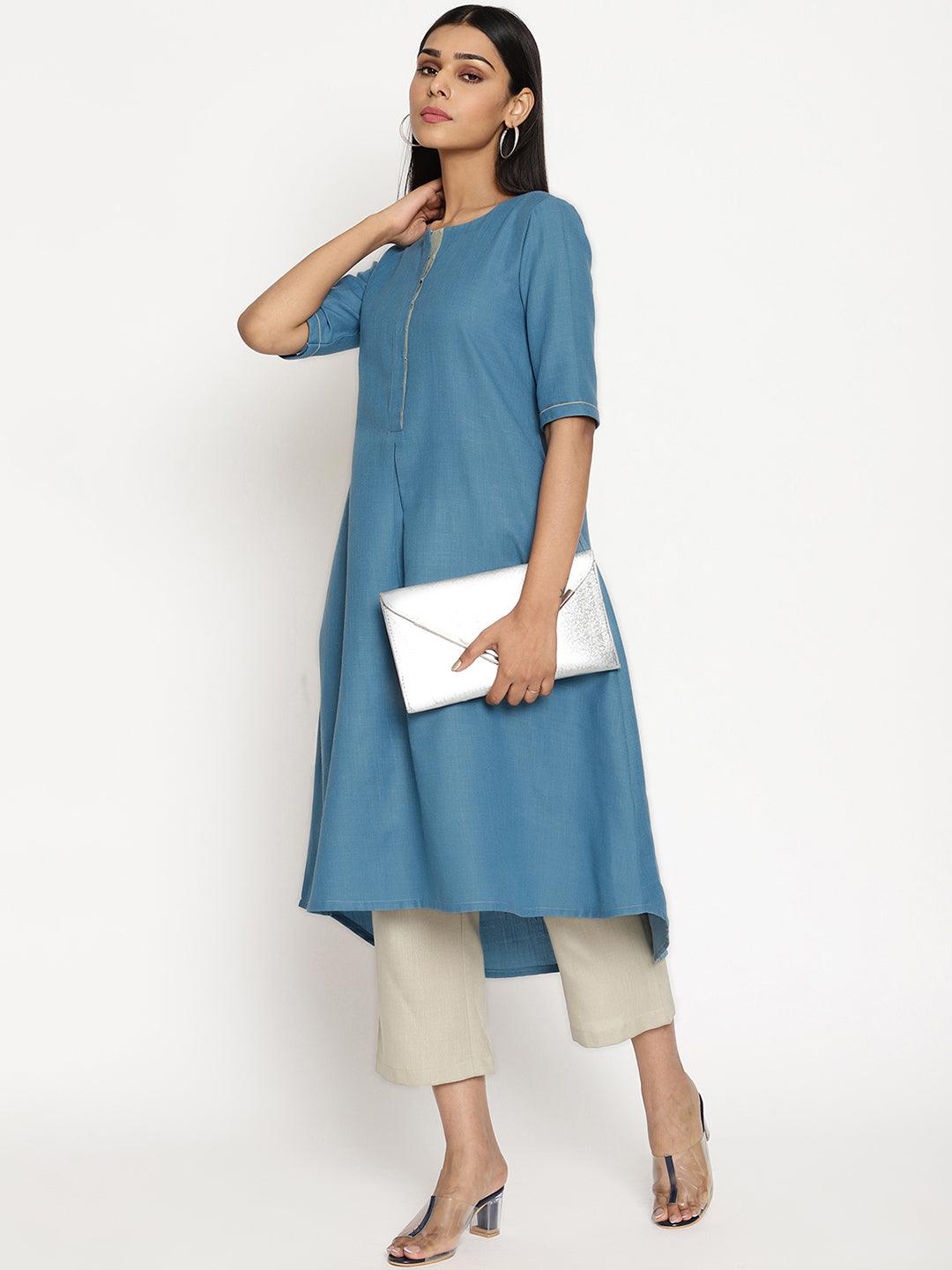 trueBrowns Cotton Linen Steel Blue Kurta Pant Set | Swadesiicart