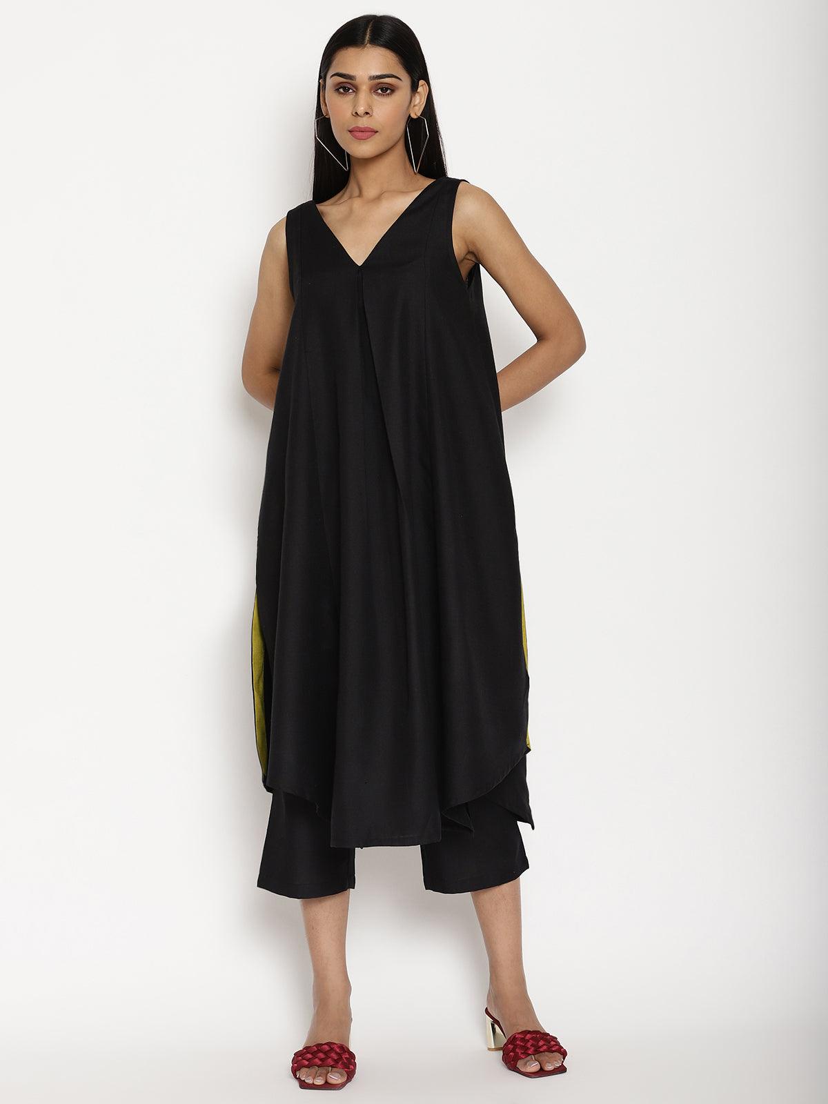 trueBrowns Cotton Linen Black Sleeveless Flared Kurta Pant | Relove - Swadesiicart
