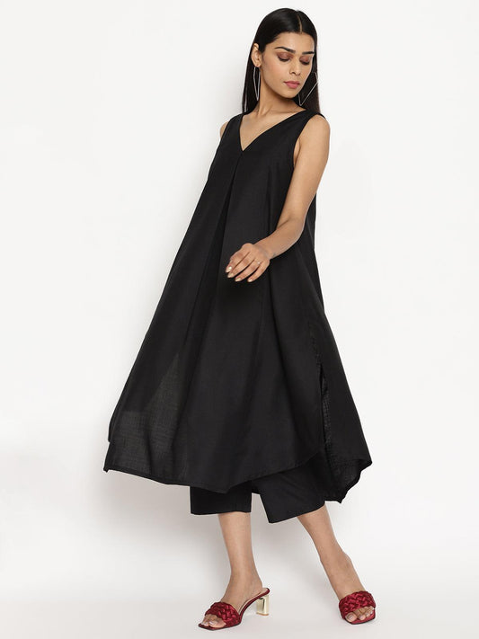 trueBrowns Cotton Linen Black Sleeveless Flared Kurta Pant | Swadesiicart