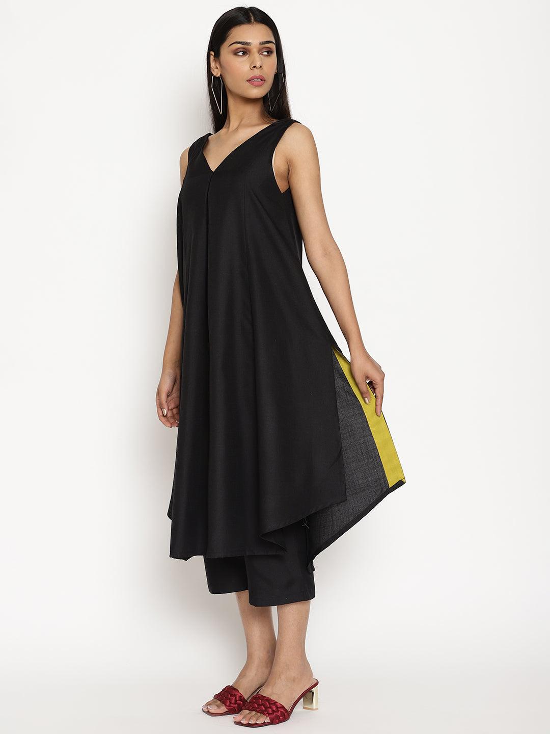 trueBrowns Cotton Linen Black Sleeveless Flared Kurta Pant | Swadesiicart
