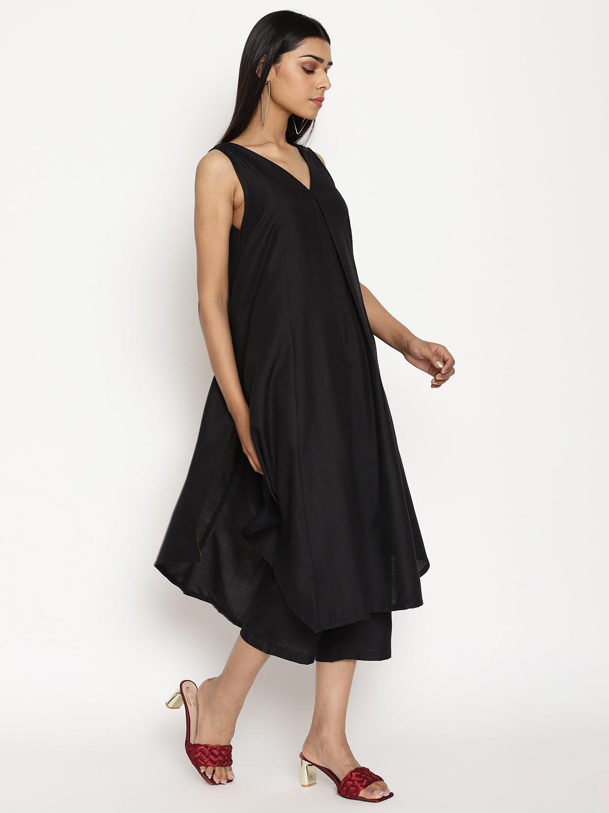 trueBrowns Cotton Linen Black Sleeveless Flared Kurta Pant | Relove - Swadesiicart