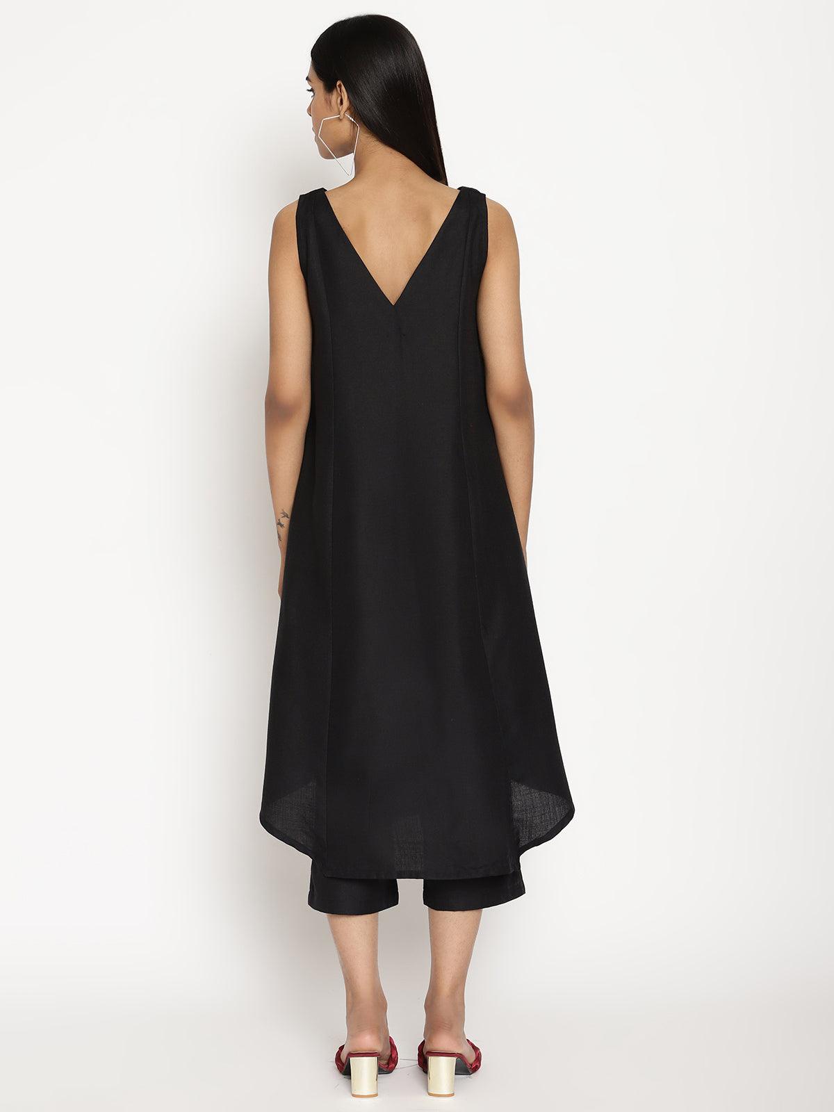 trueBrowns Cotton Linen Black Sleeveless Flared Kurta Pant | Relove - Swadesiicart
