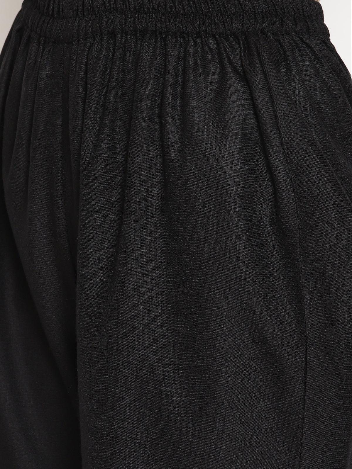 trueBrowns Cotton Linen Black Sleeveless Flared Kurta Pant | Swadesiicart