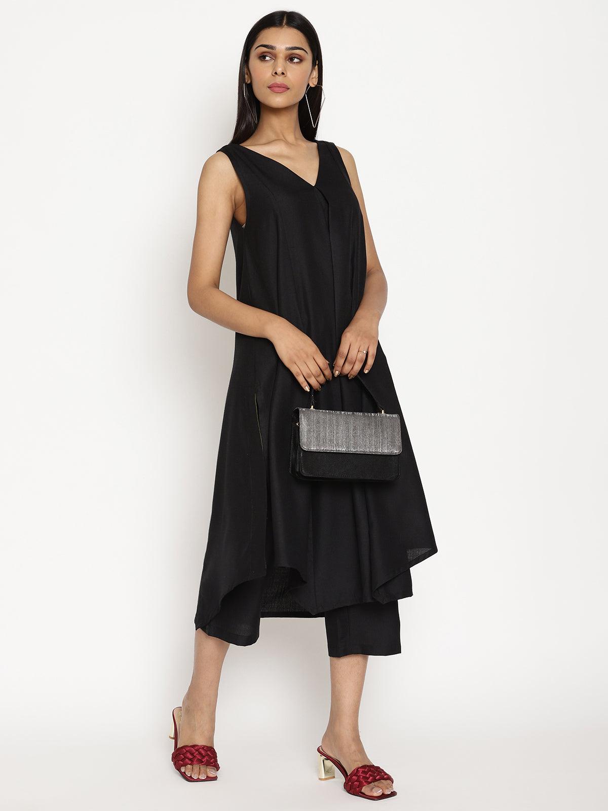trueBrowns Cotton Linen Black Sleeveless Flared Kurta Pant | Relove - Swadesiicart