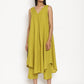 trueBrowns Cotton Linen Lime Green Sleeveless Flared Kurta Pant Set | Swadesiicart