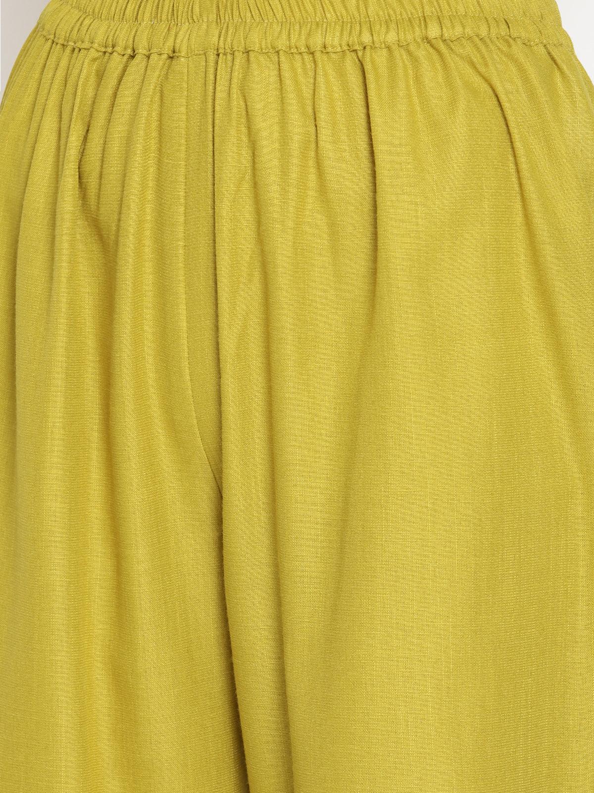 trueBrowns Cotton Linen Lime Green Sleeveless Flared Kurta Pant Set | Swadesiicart