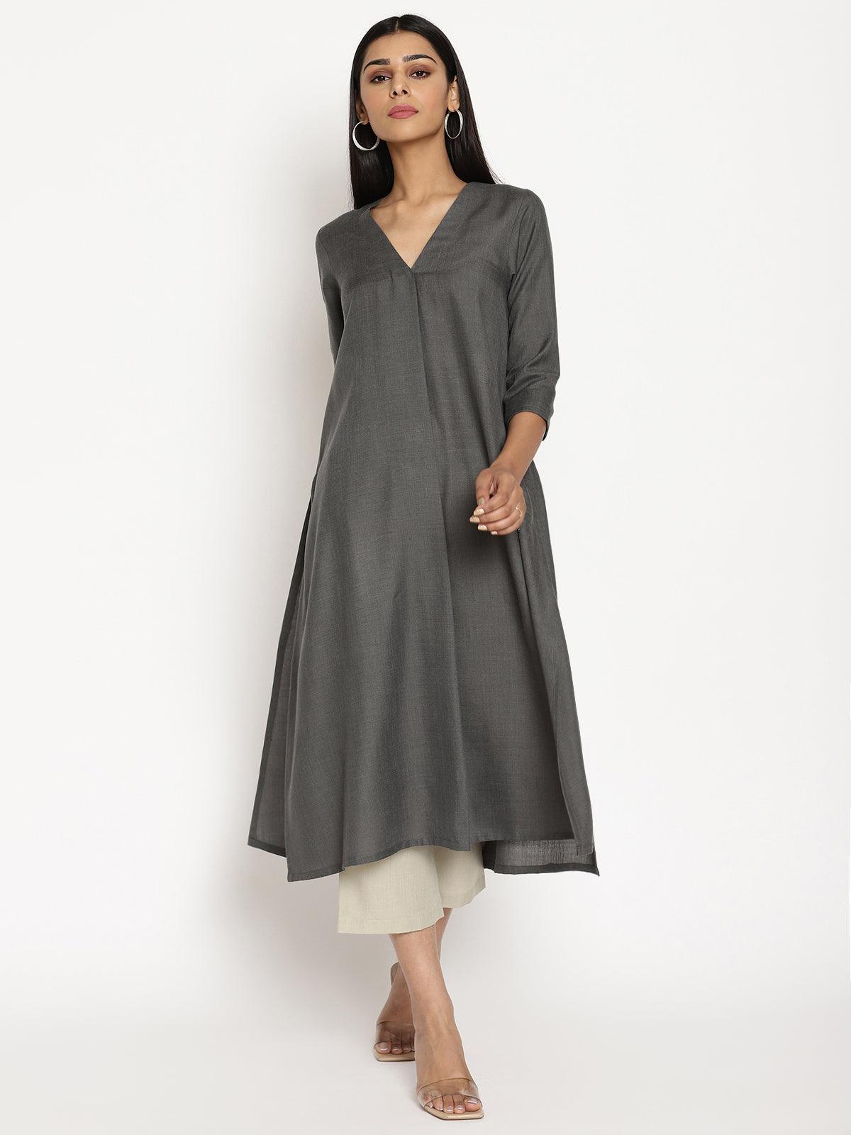 trueBrowns Cotton Linen Dark Grey Kurta Pant Set | Swadesiicart