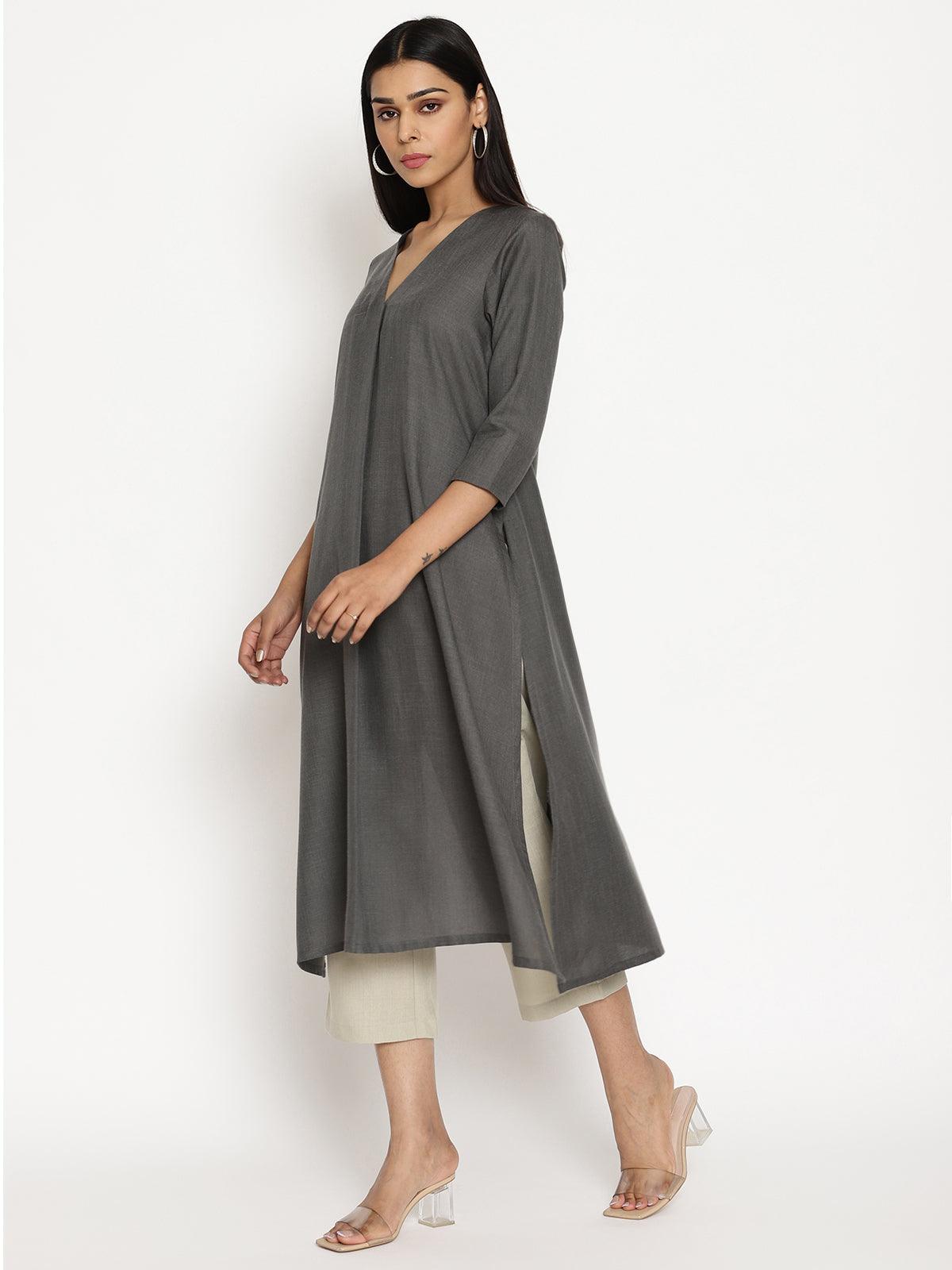 trueBrowns Cotton Linen Dark Grey Kurta Pant Set | Swadesiicart