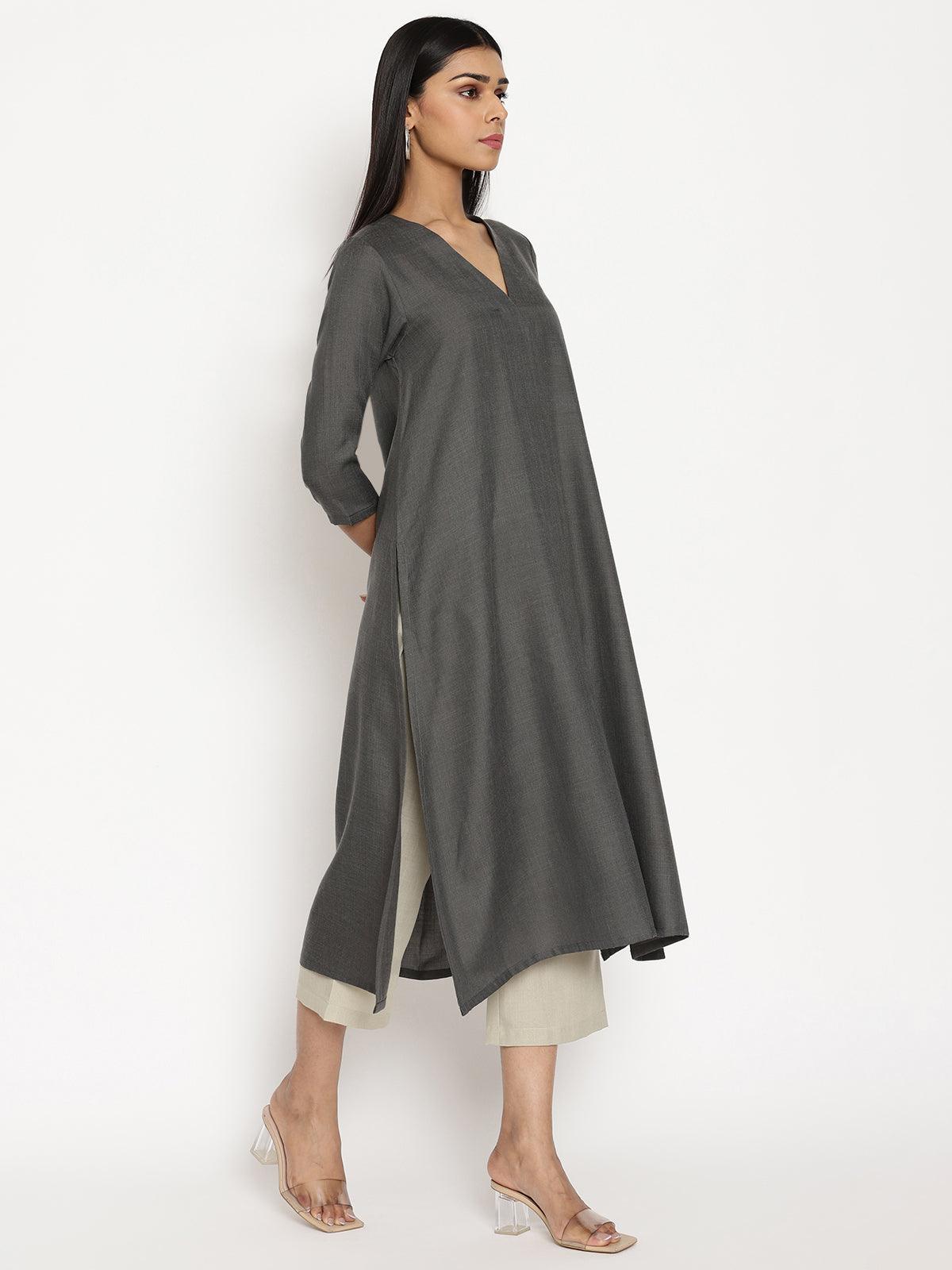 trueBrowns Cotton Linen Dark Grey Kurta Pant Set | Swadesiicart