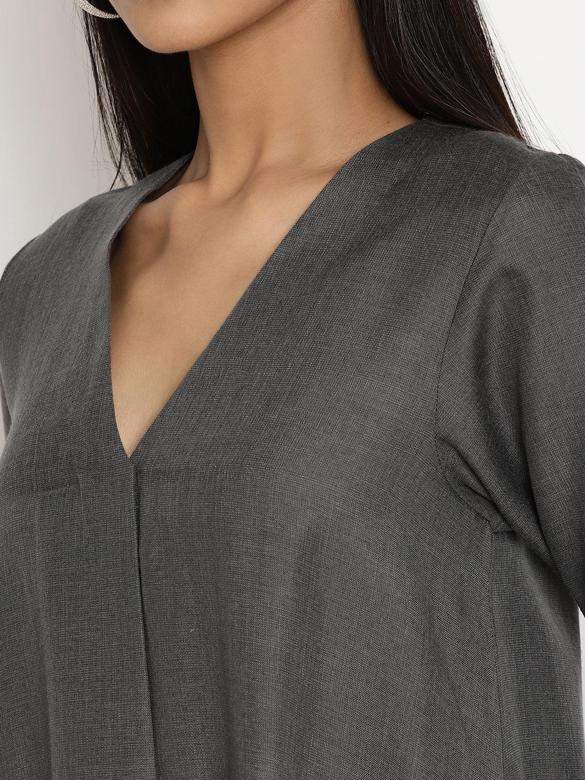 trueBrowns Cotton Linen Dark Grey Kurta Pant Set | Swadesiicart