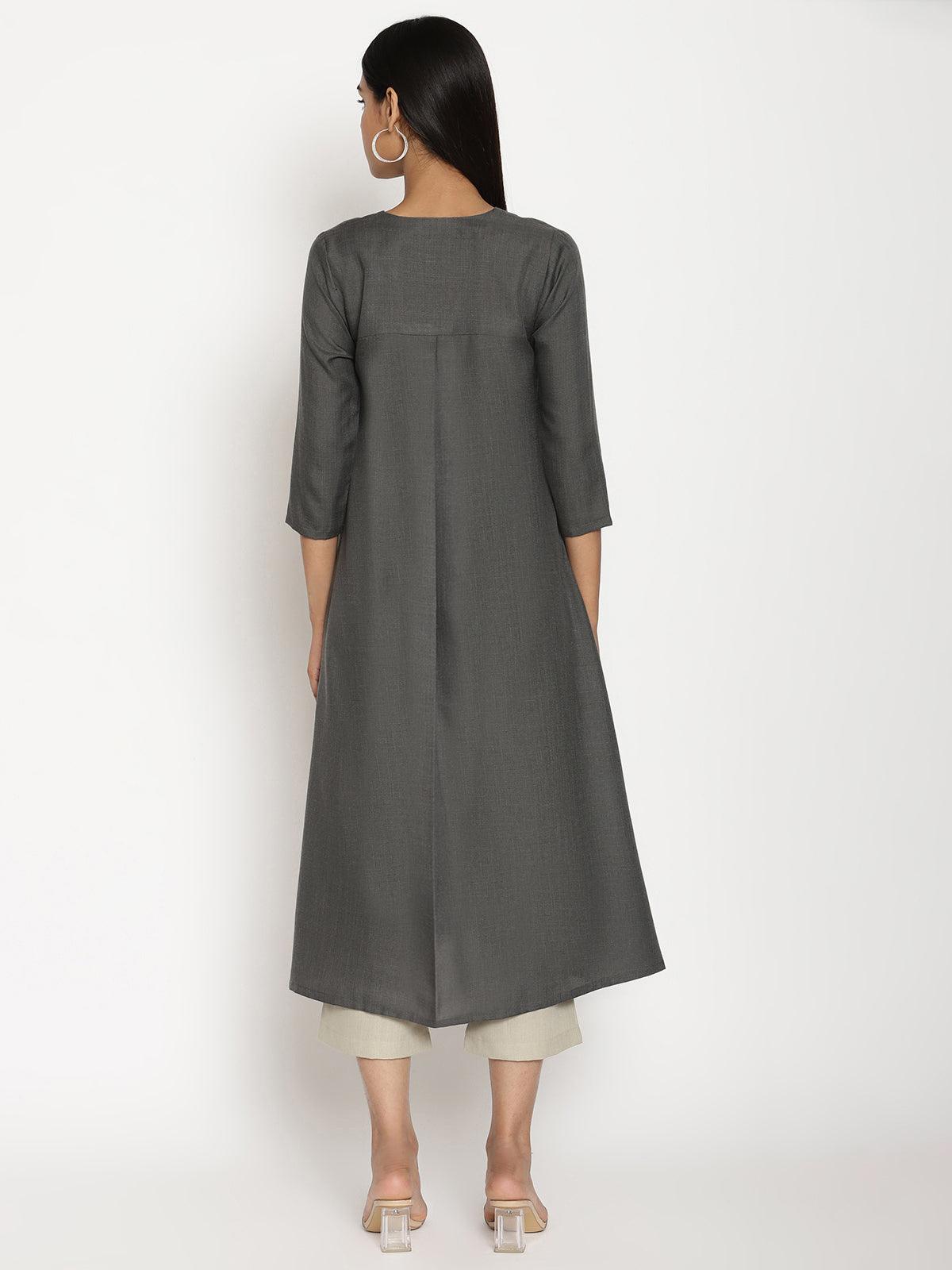 trueBrowns Cotton Linen Dark Grey Kurta Pant Set | Swadesiicart