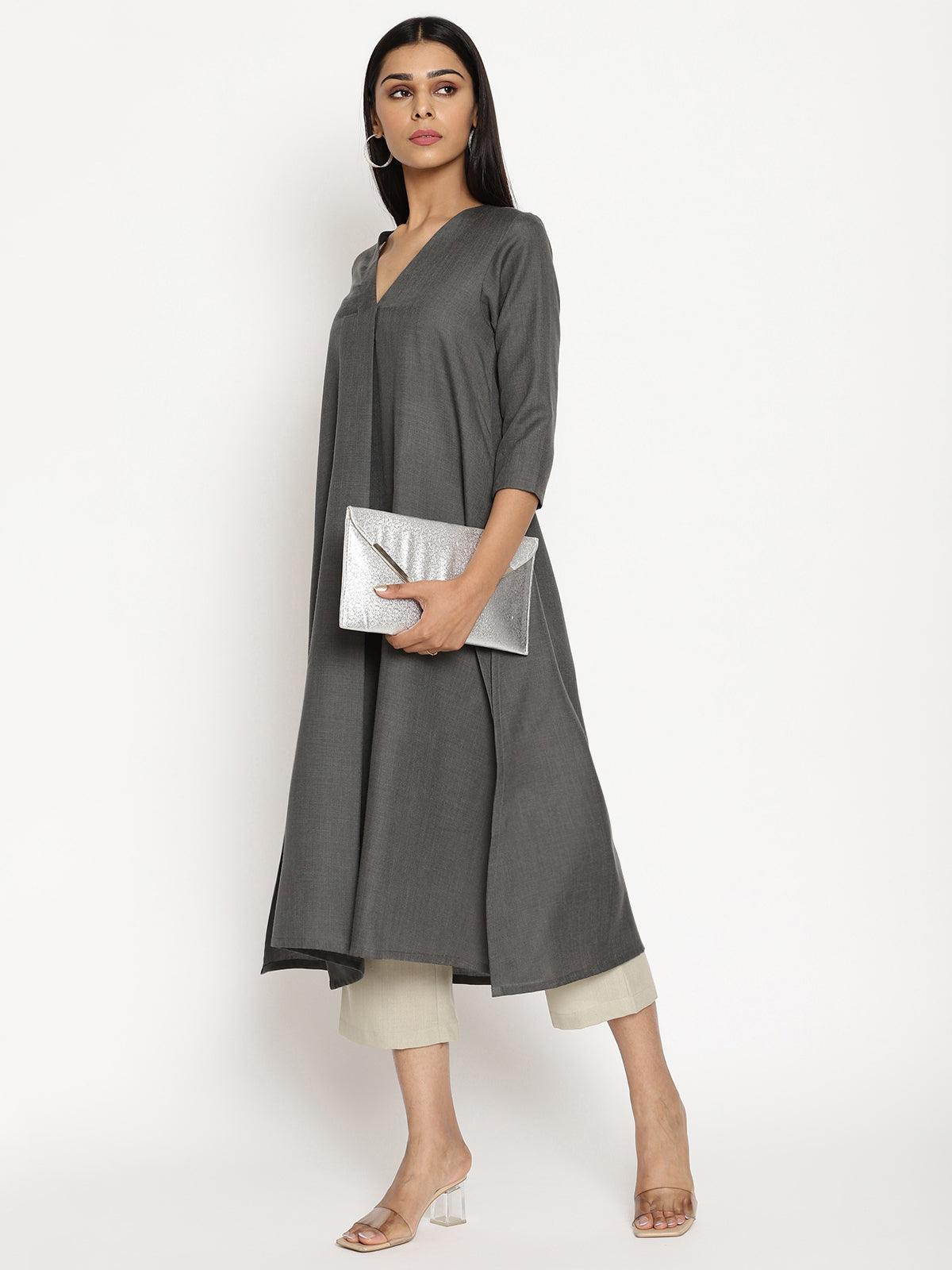 trueBrowns Cotton Linen Dark Grey Kurta Pant Set | Swadesiicart