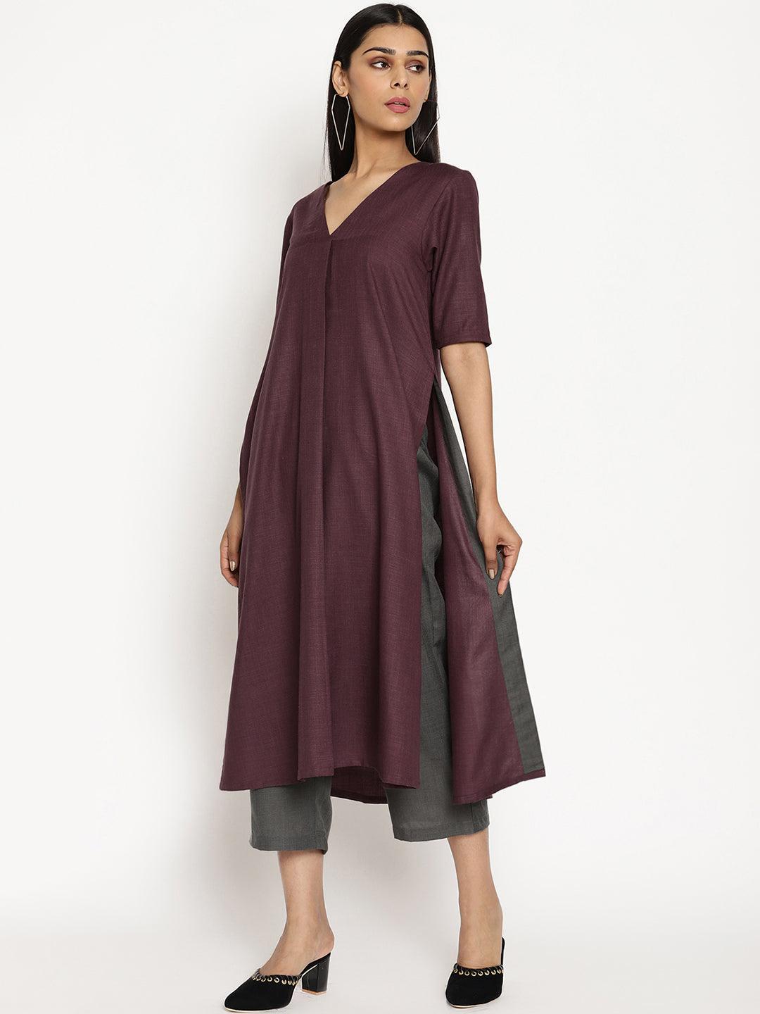 trueBrowns Cotton Linen Purple Kurta Pant Set | Swadesiicart