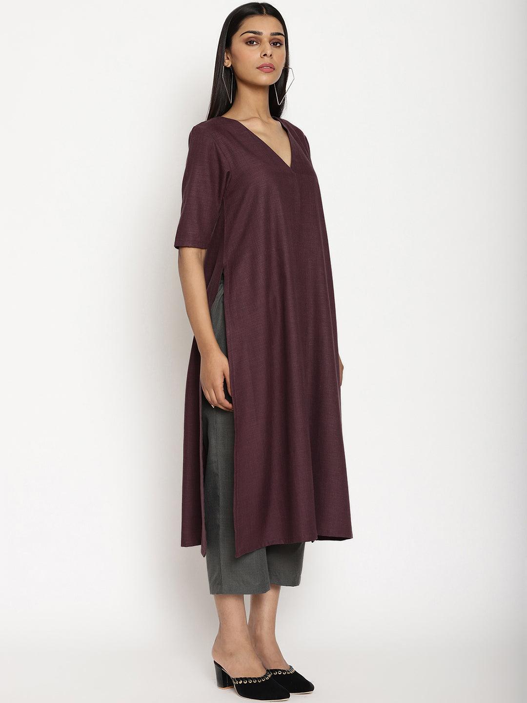 trueBrowns Cotton Linen Purple Kurta Pant Set | Swadesiicart