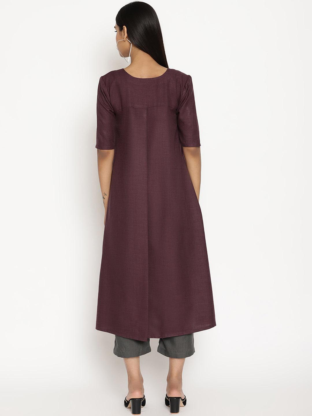 trueBrowns Cotton Linen Purple Kurta Pant Set | Swadesiicart