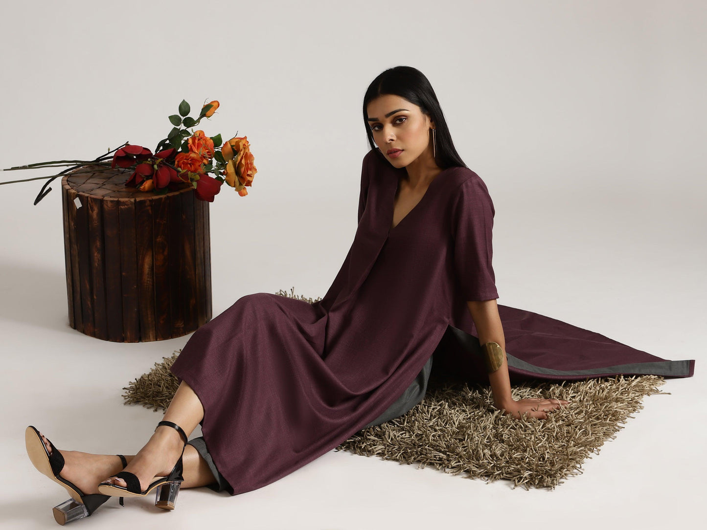 trueBrowns Cotton Linen Purple Kurta Pant Set | Swadesiicart
