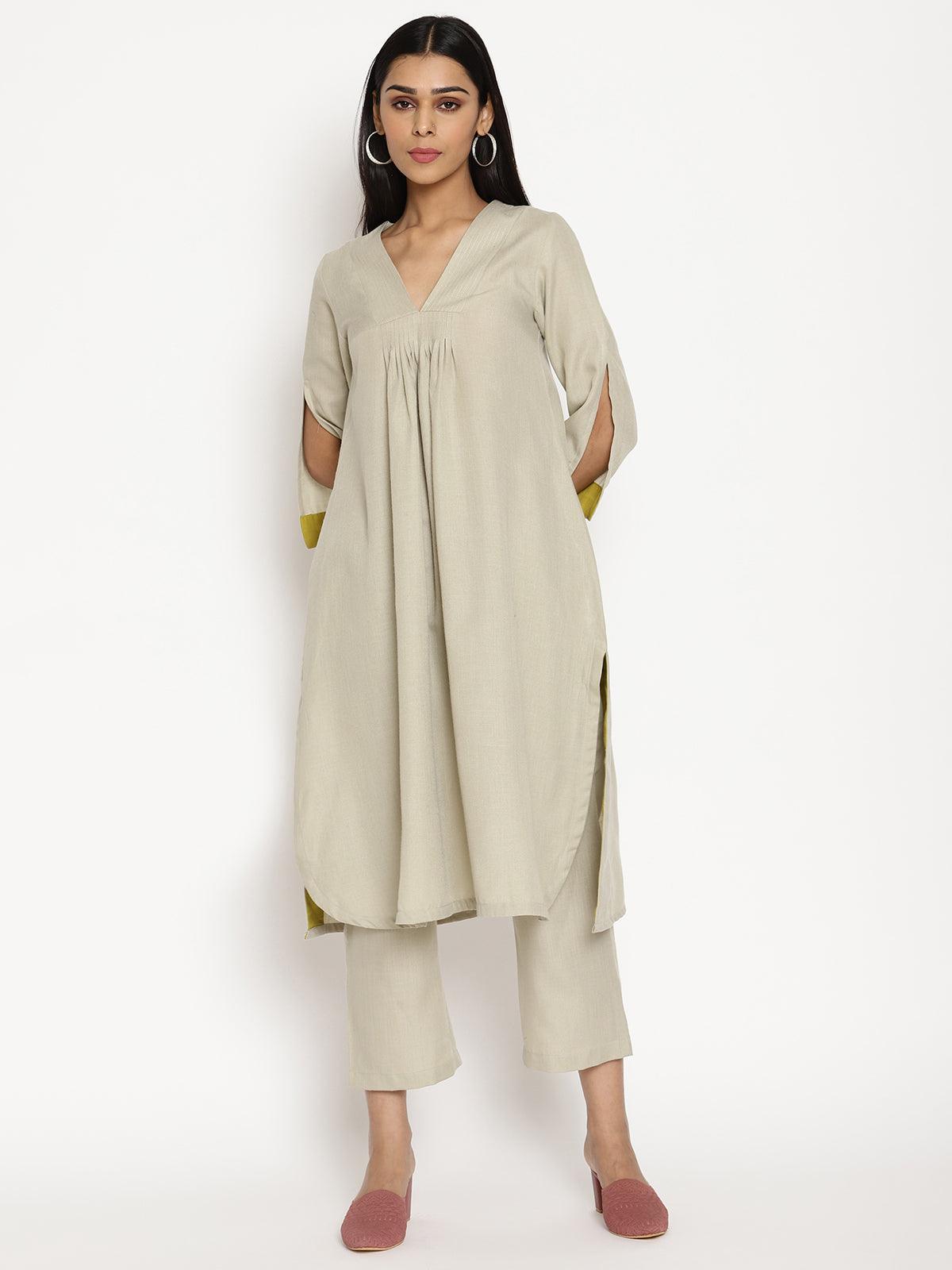 trueBrowns Cotton Linen Light Grey Flared Kurta Pant Set | Swadesiicart