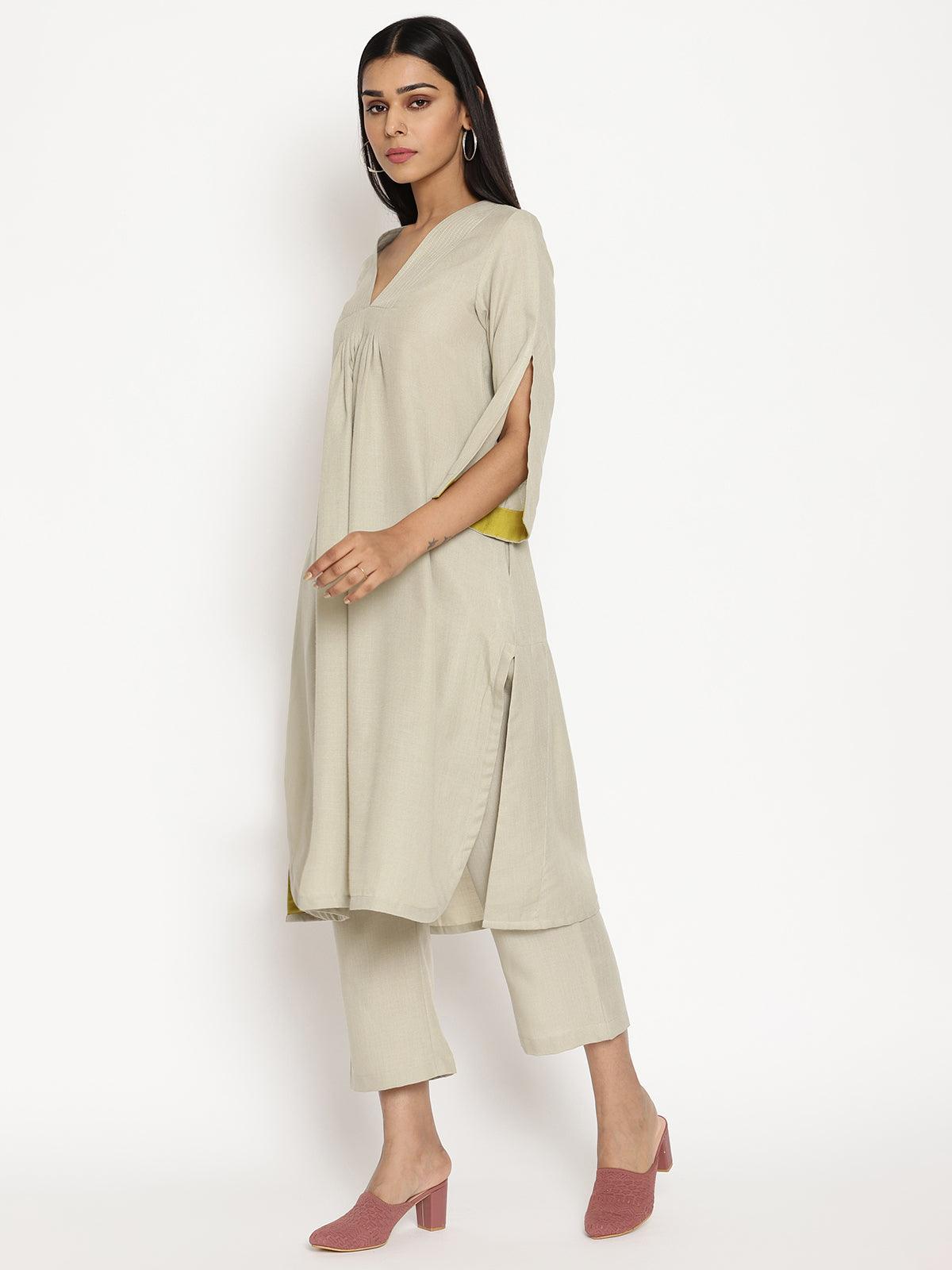 trueBrowns Cotton Linen Light Grey Flared Kurta Pant Set | Swadesiicart