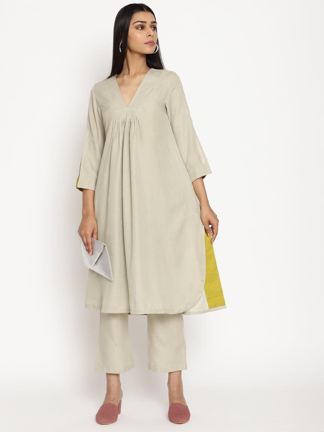 trueBrowns Cotton Linen Light Grey Flared Kurta Pant Set | Swadesiicart
