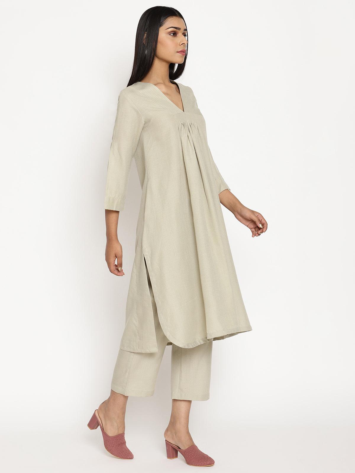 trueBrowns Cotton Linen Light Grey Flared Kurta Pant Set | Swadesiicart