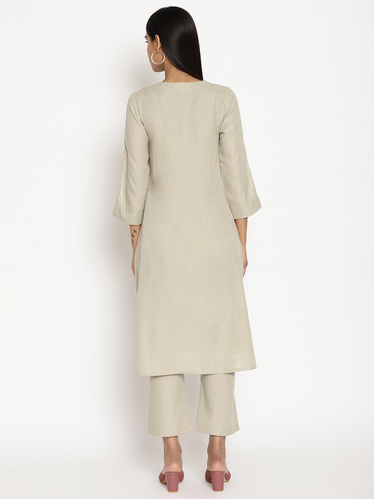 trueBrowns Cotton Linen Light Grey Flared Kurta Pant Set | Swadesiicart