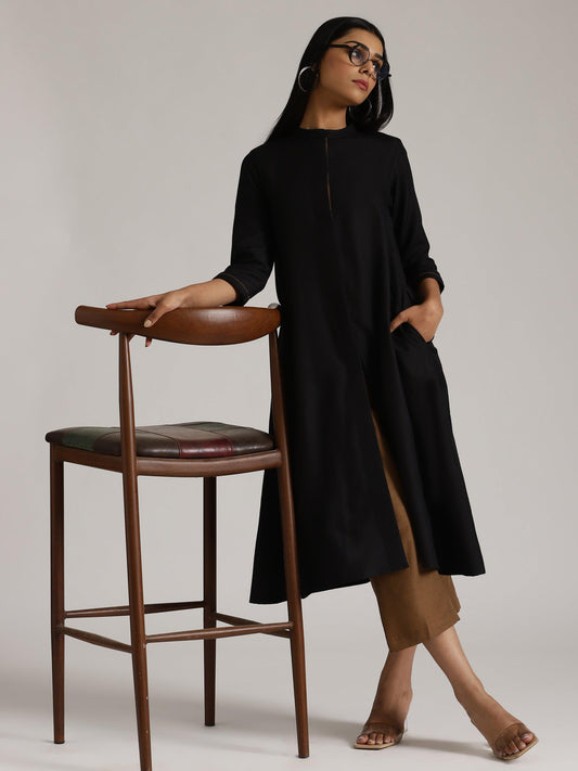trueBrowns Cotton Linen Black Kurta Pant Set | Swadesiicart