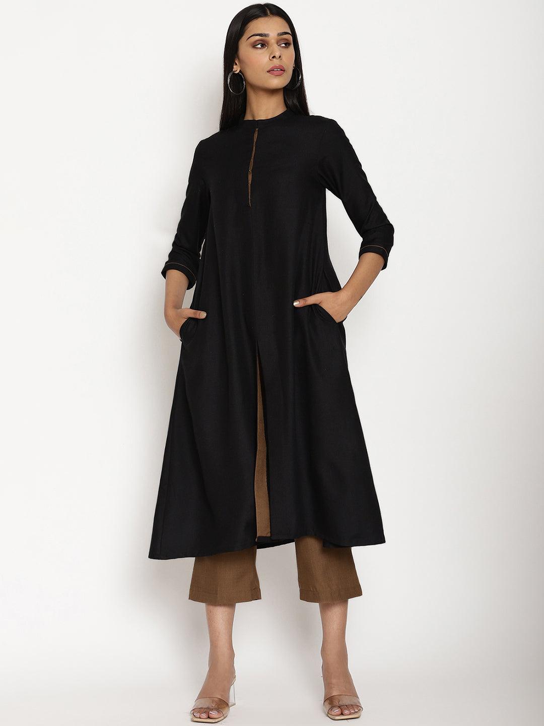 trueBrowns Cotton Linen Black Kurta Pant Set | Swadesiicart