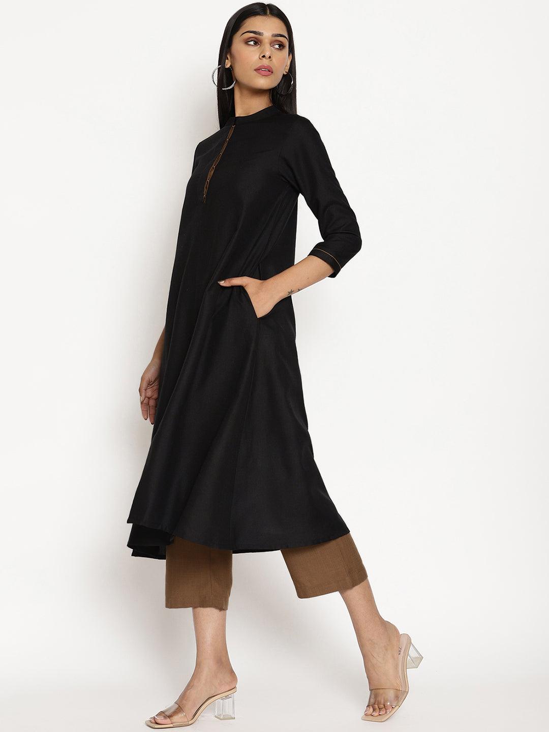 trueBrowns Cotton Linen Black Kurta Pant Set | Swadesiicart