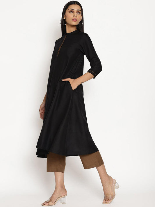trueBrowns Cotton Linen Black Kurta Pant Set | Swadesiicart
